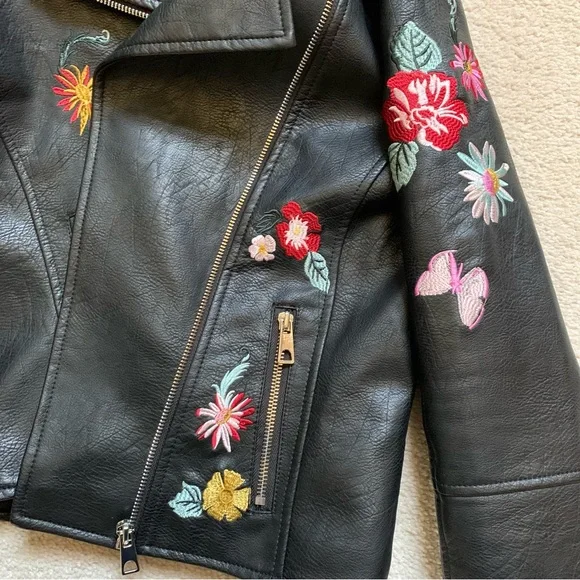 Romeo & Juliet Couture small Moto jacket black Faux Leather embroidered flowers - Picture 7 of 16
